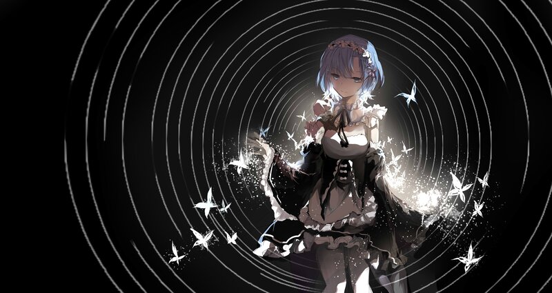 Anime Girl with Butterflies — Black, Dramatic, Digital Art, Dress