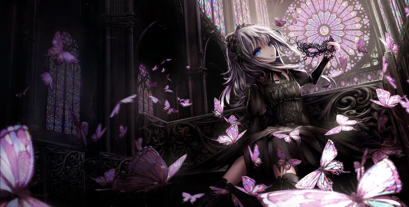 Anime Girl with Butterflies — Black, Dramatic, Digital Art, Stained Glass