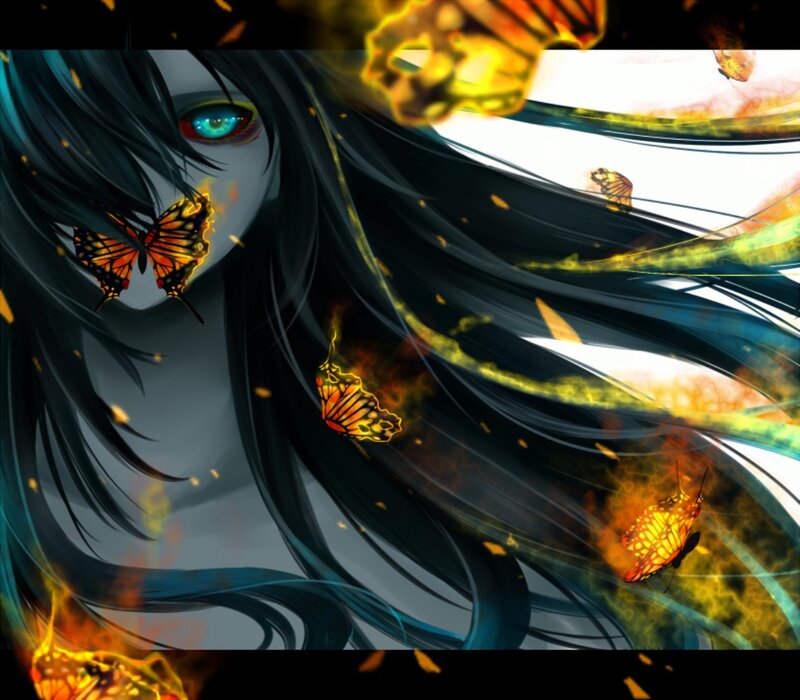Anime Girl with Butterflies — Black, Dramatic, Digital Art