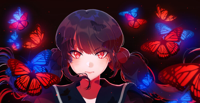Anime Girl with Butterflies — Black, Dramatic, Night, Digital Art, Red Eyes