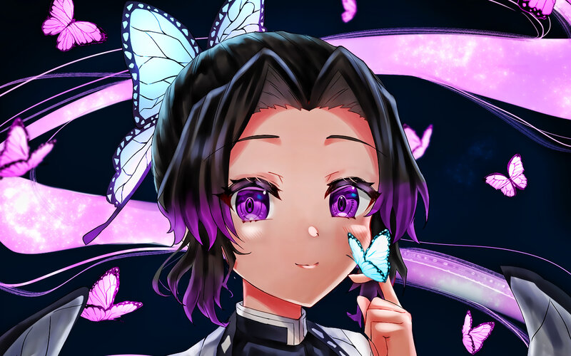 Anime Girl with Butterflies — Black, Dreamy, Night, Digital Art
