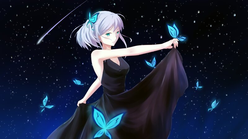 Anime Girl with Butterflies — Black, Serene, Night, Digital Art, Stars