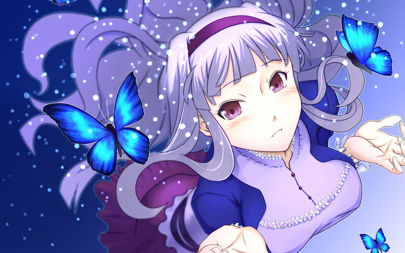 Anime Girl with Butterflies — Blue, Dreamy, Night, Sparkles