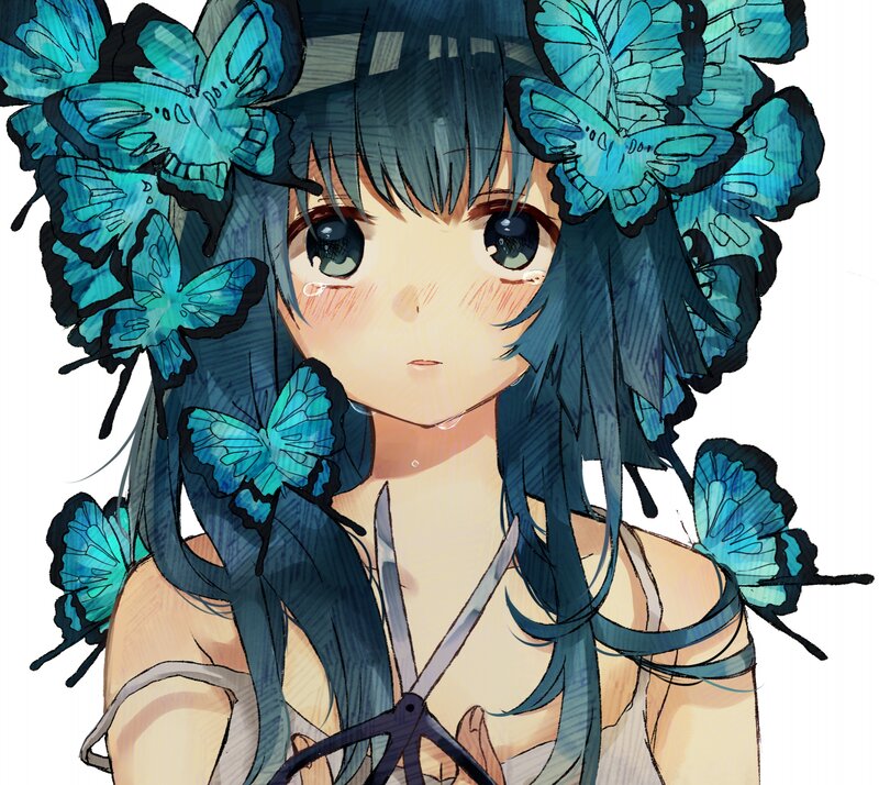 Anime Girl with Butterflies — Blue, Melancholic