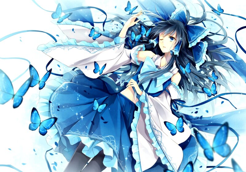 Anime Girl with Butterflies — Blue, Serene, Digital Art