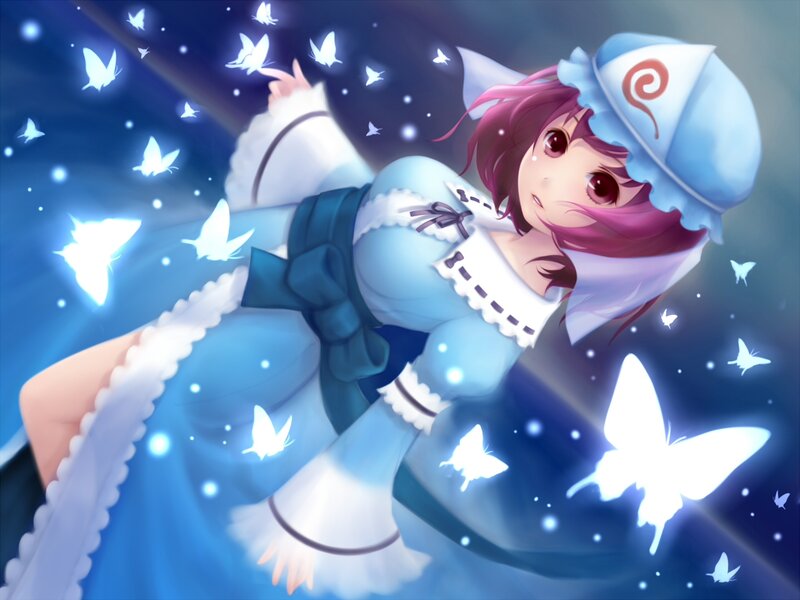 Anime Girl with Butterflies — Blue, Serene, Night, Digital Art, Hat