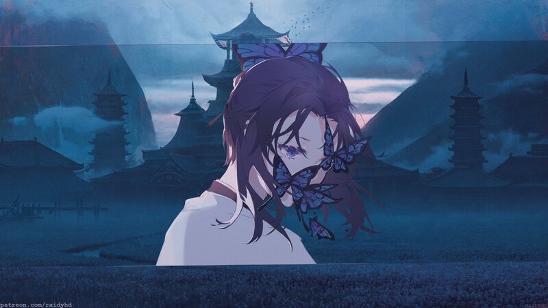 Anime Girl with Butterflies — Blue, Serene, Night, Digital Art, Pagodas