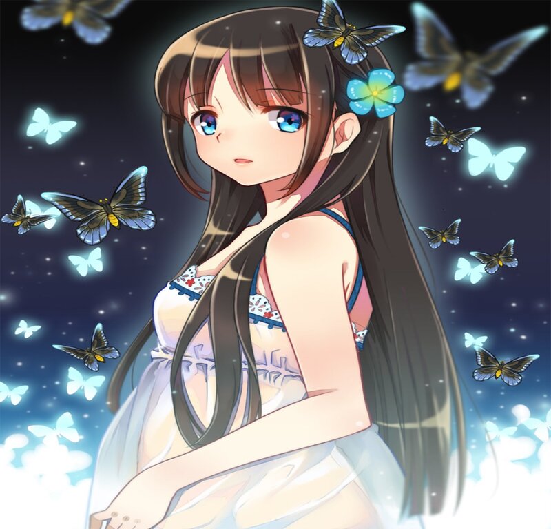 Anime Girl with Butterflies — Blue, Serene, Night, Flowers