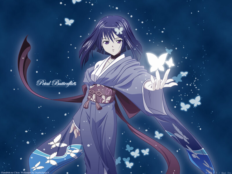 Anime Girl with Butterflies — Blue, Serene, Night, Kimono