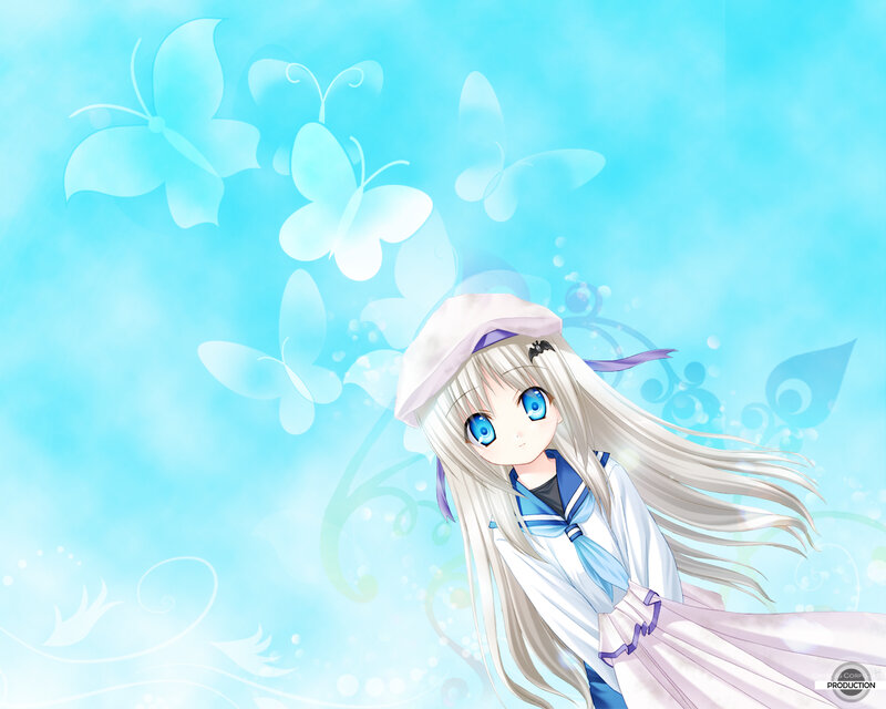 Anime Girl with Butterflies — Blue, Serene, Sailor Uniform