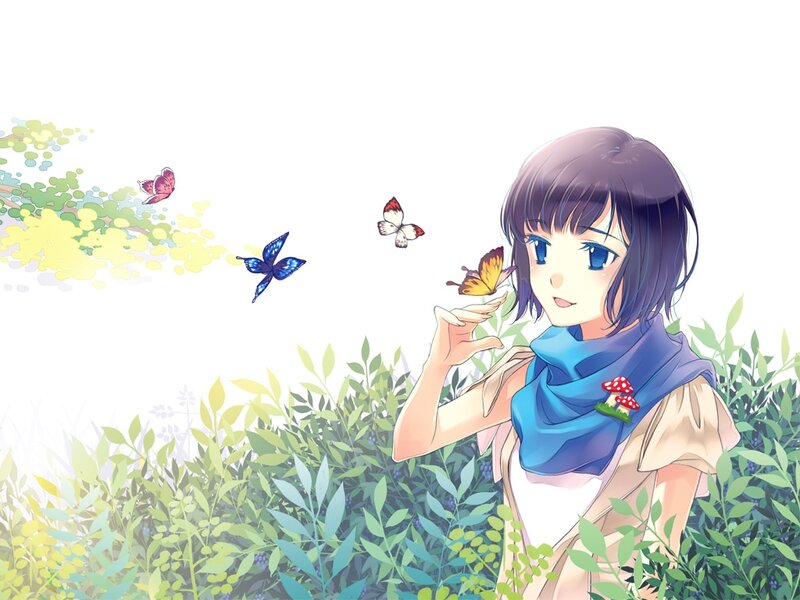 Anime Girl with Butterflies — Blue, Serene, Spring