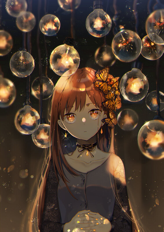 Anime Girl with Butterflies — Brown, Dreamy, Night
