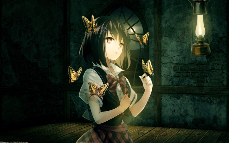Anime Girl with Butterflies — Green, Dramatic