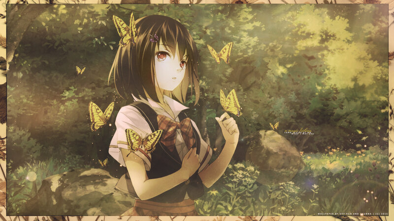 Anime Girl with Butterflies — Green, Serene, Afternoon
