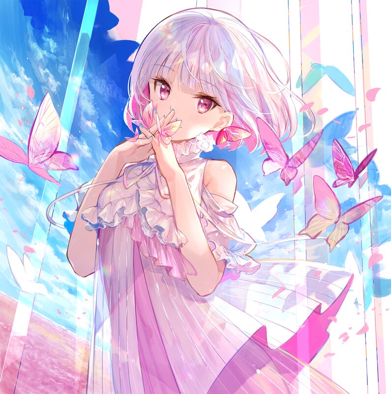 Anime Girl with Butterflies — Pink, Dreamy, Afternoon