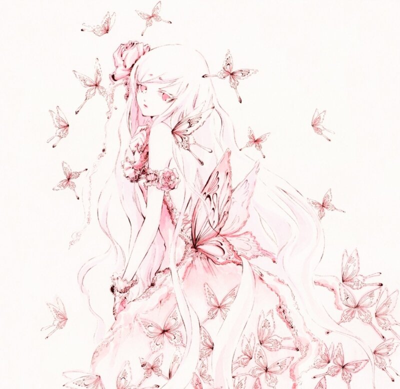 Anime Girl with Butterflies — Pink, Serene, Digital Art