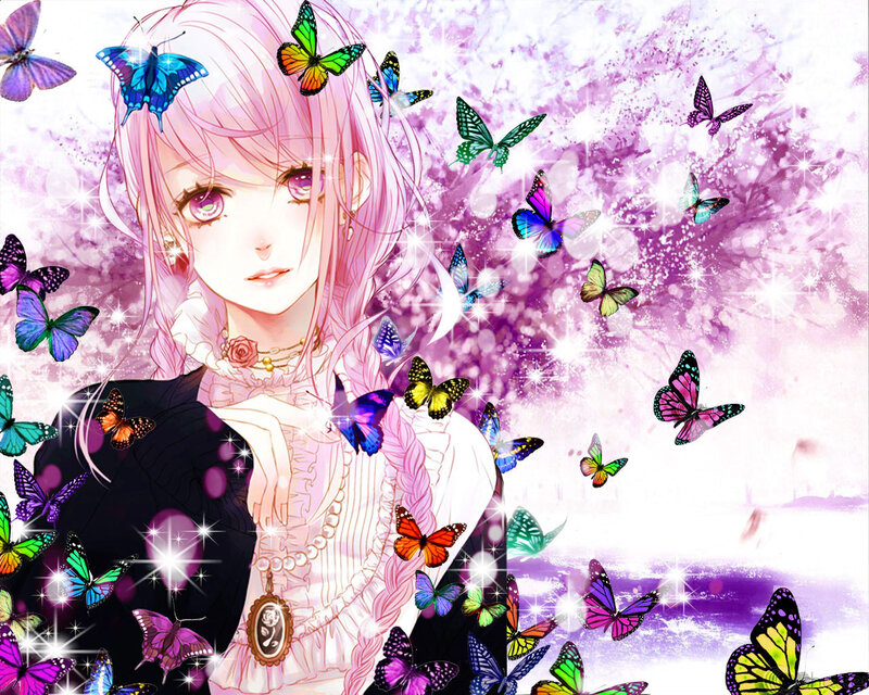 Anime Girl with Butterflies — Pink