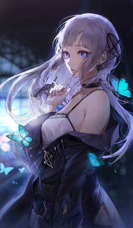 Anime Girl with Butterflies — Purple, Dramatic, Night, Digital Art