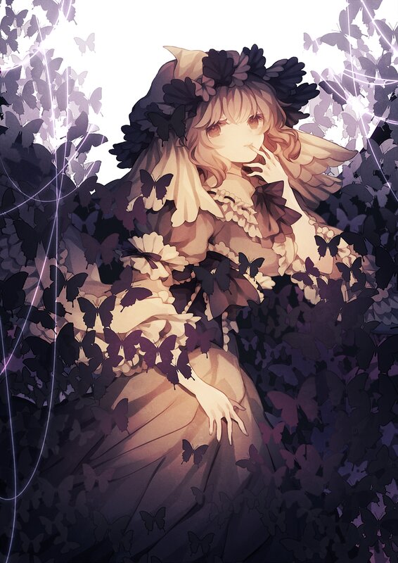 Anime Girl with Butterflies — Purple, Dreamy, Digital Art, Flowers, Dress