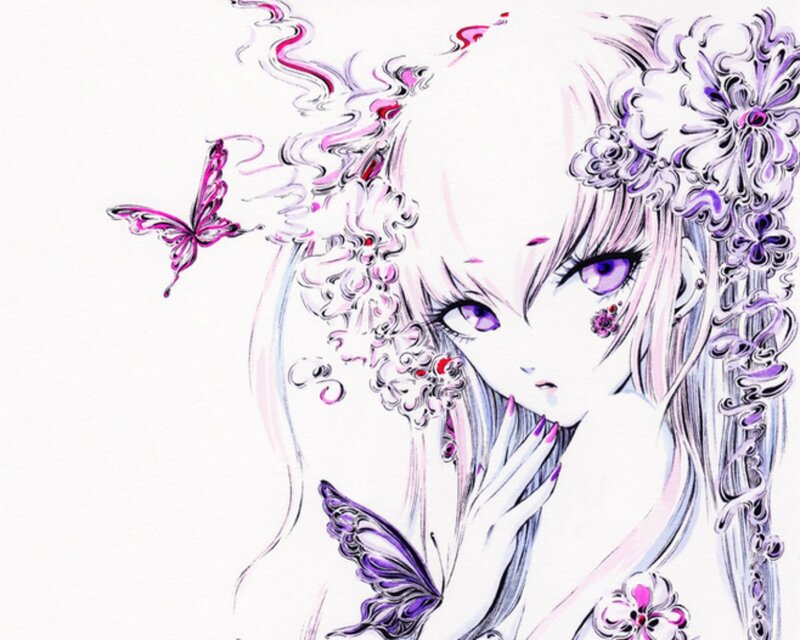 Anime Girl with Butterflies — Purple, Dreamy, Digital Art, Flowers