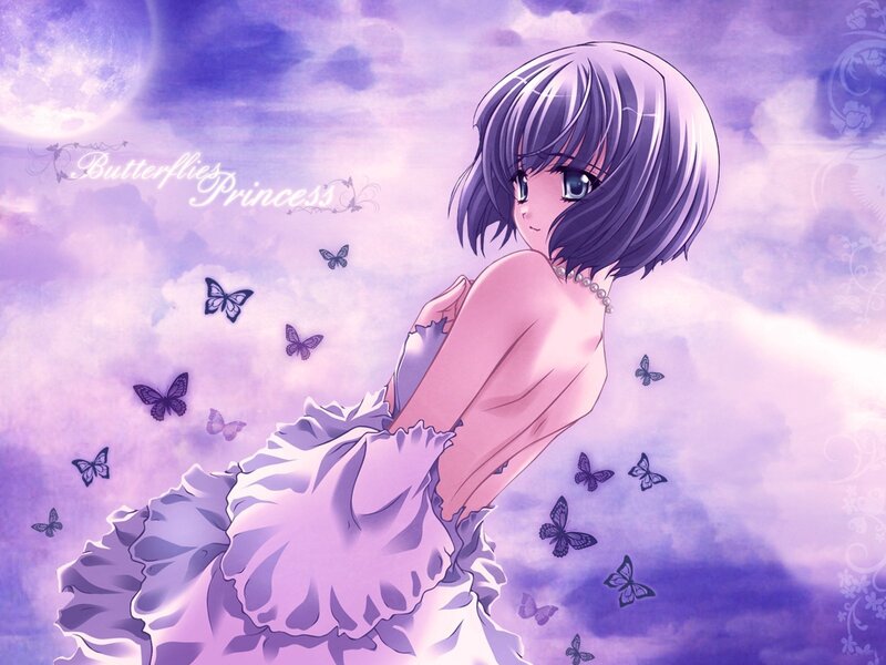 Anime Girl with Butterflies — Purple, Serene, Night, Moon