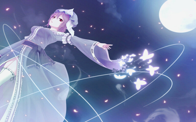 Anime Girl with Butterflies — Purple, Serene, Night