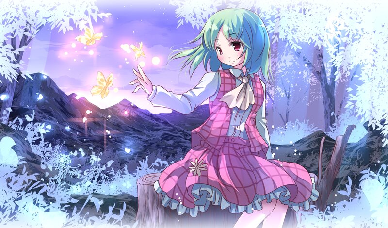 Anime Girl with Butterflies — Purple, Serene, Sunset