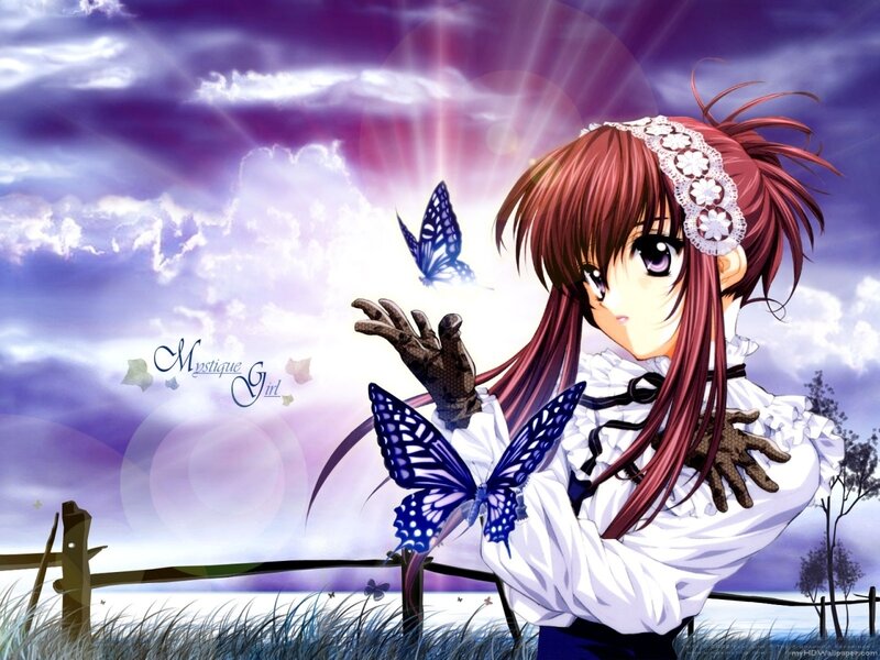 Anime Girl with Butterflies — Purple
