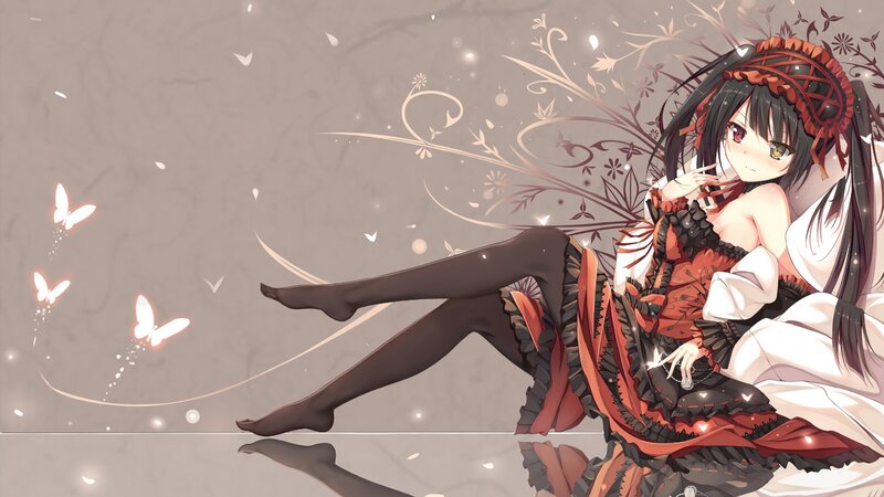 Anime Girl with Butterflies — Red, Serene, Flowers