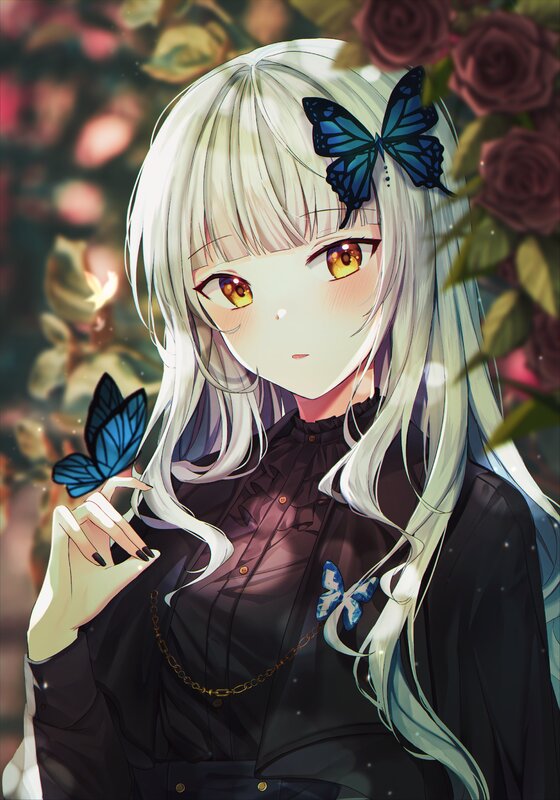 Anime Girl with Butterflies — White, Serene, Digital Art