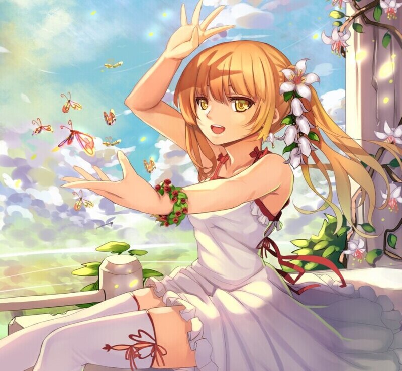 Anime Girl with Butterflies — White, Serene, Spring