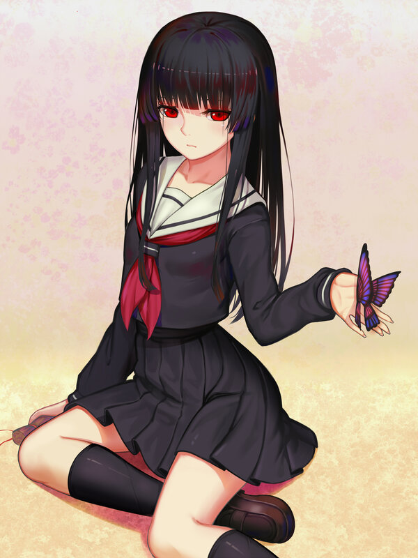 Anime Girl with Butterfly — Black, Calm, Digital Art