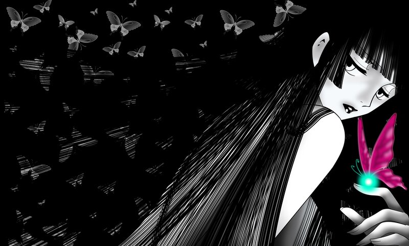 Anime Girl with Butterfly — Black, Dramatic, Night