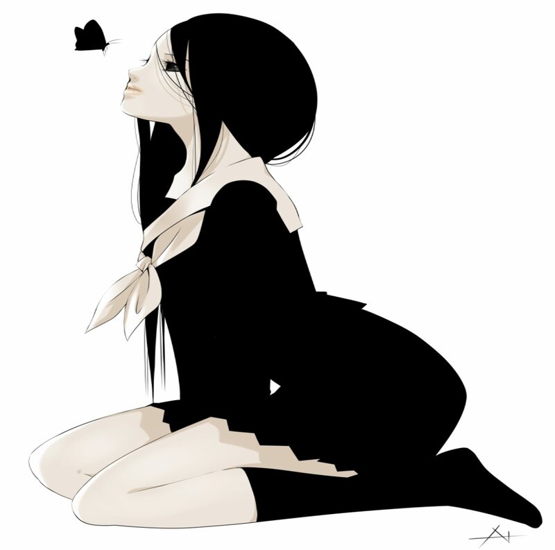 Anime Girl with Butterfly — Black, Serene, Manga