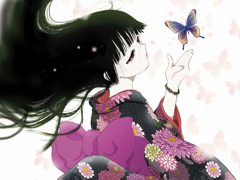 Anime Girl with Butterfly — Black, Serene