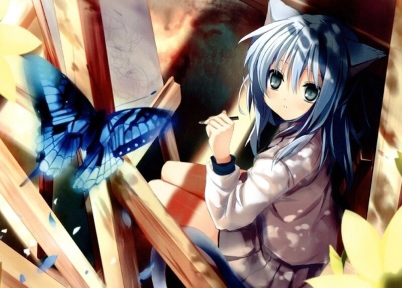 Anime Girl with Butterfly — Blue, Calm