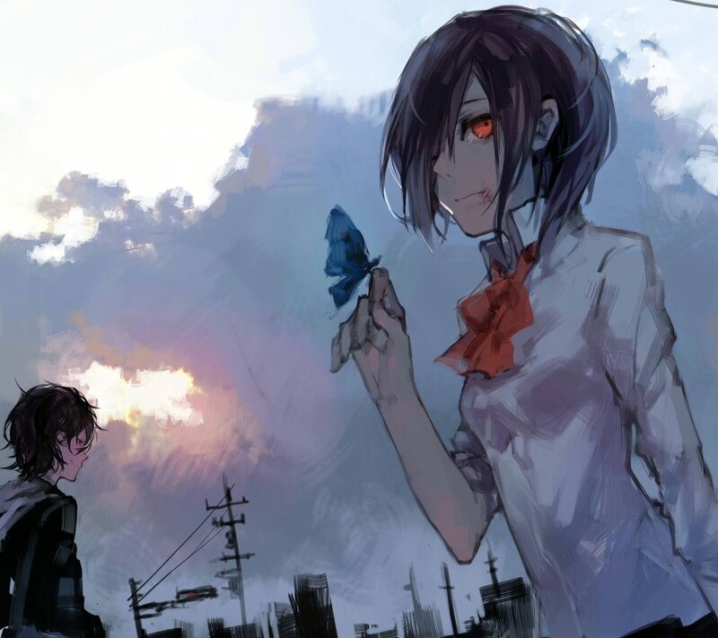 Anime Girl with Butterfly — Blue, Dramatic