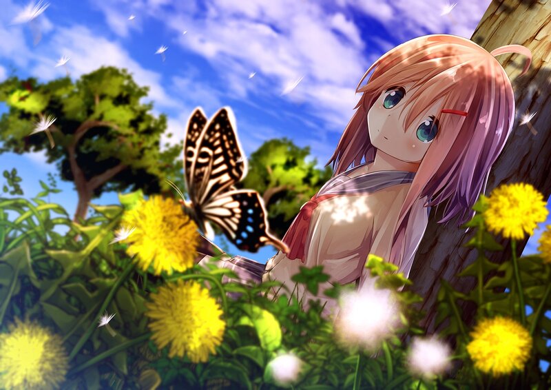 Anime Girl with Butterfly — Blue, Serene, Afternoon, Dandelions