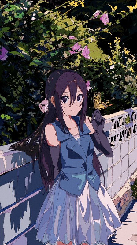 Anime Girl with Butterfly — Blue, Serene, Afternoon, Flowers