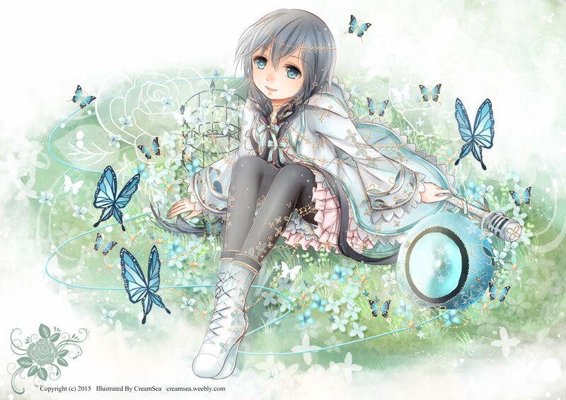 Anime Girl with Butterfly — Blue, Serene, Digital Art, Microphone
