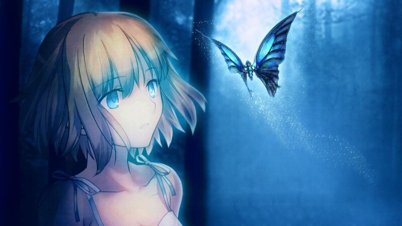 Anime Girl with Butterfly — Blue, Serene, Night, Digital Art, Forest
