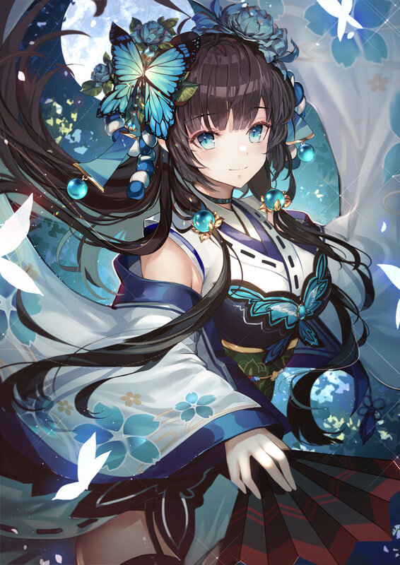 Anime Girl with Butterfly — Blue, Serene, Night, Digital Art, Kimono