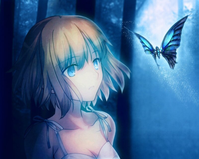 Anime Girl with Butterfly — Blue, Serene, Night, Digital Art