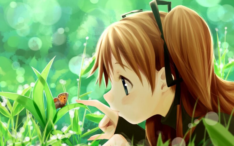 Anime Girl with Butterfly — Green, Serene, Afternoon