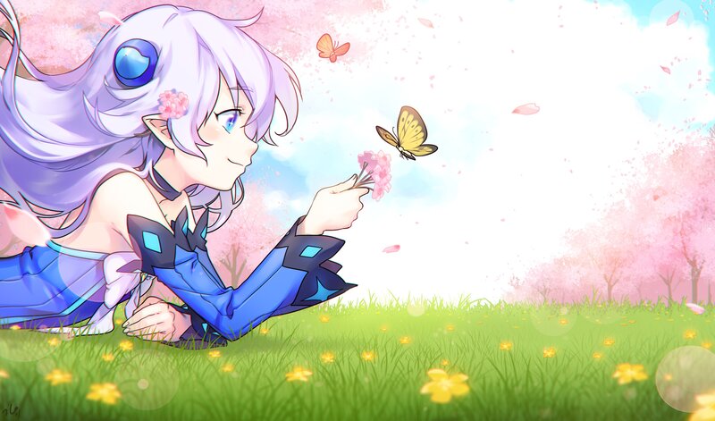 Anime Girl with Butterfly — Green, Serene, Spring