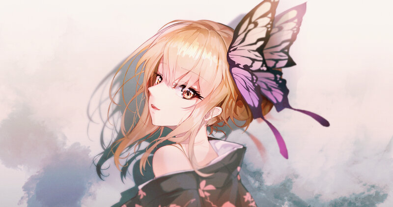 Anime Girl with Butterfly — Pink, Serene, Digital Art