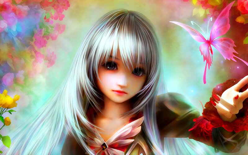 Anime Girl with Butterfly — Pink, Serene, Spring, Digital Art