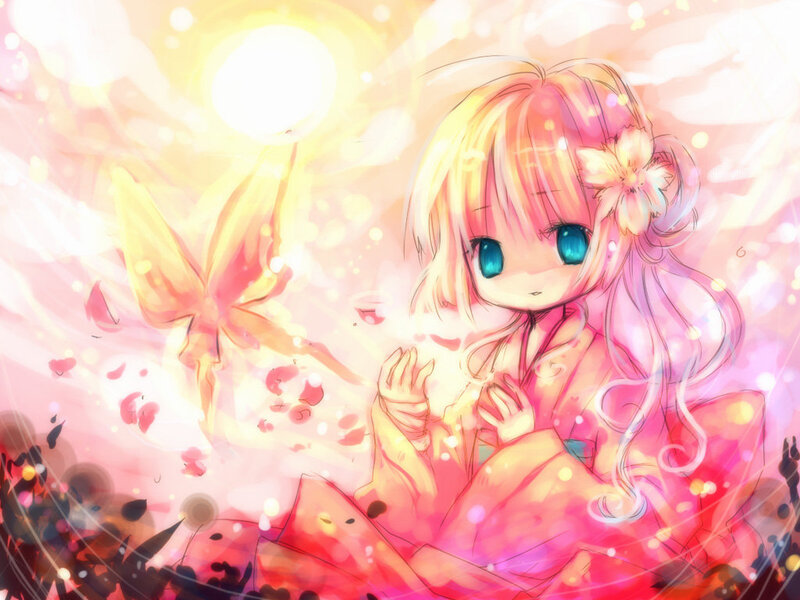 Anime Girl with Butterfly — Pink, Serene