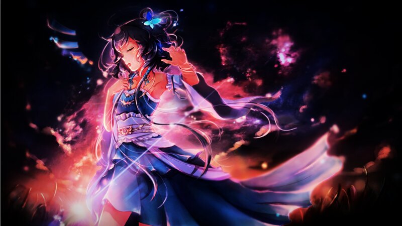 Anime Girl with Butterfly — Purple, Dramatic, Night, Digital Art, Dress