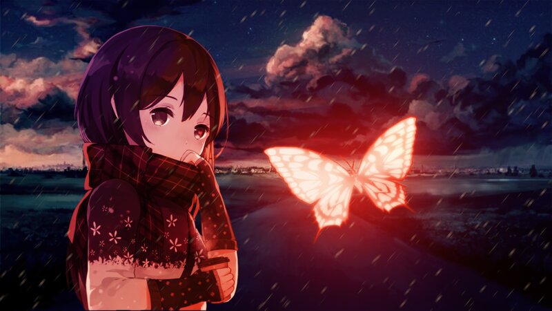 Anime Girl with Butterfly — Purple, Dramatic, Night, Digital Art, Rain